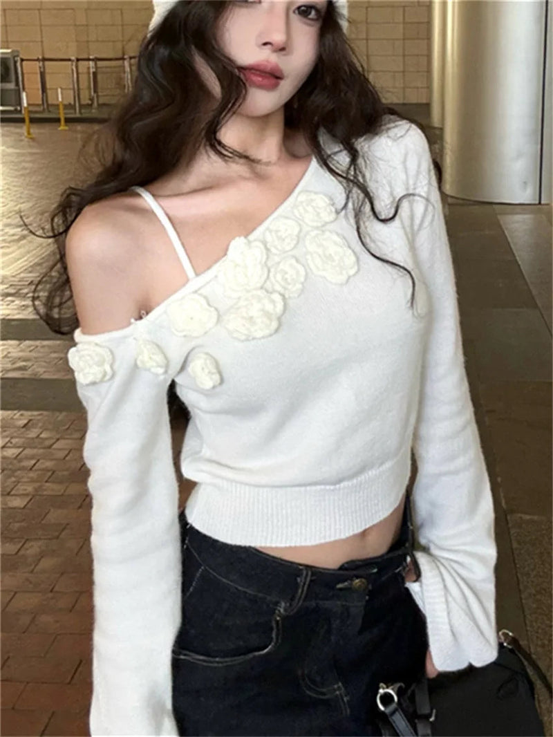 Roses Sweet Sweaters Ol Knitwear Loose Off Shoulders Pullovers All Match Ol Winter Gentle