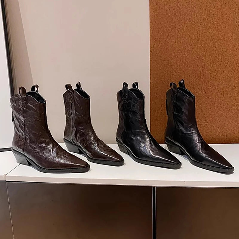 New Pointed Toe Back Zipper Ankle Boots Thick High Heels Shoes Boots Cowboy Western Boots Botas De Mujer