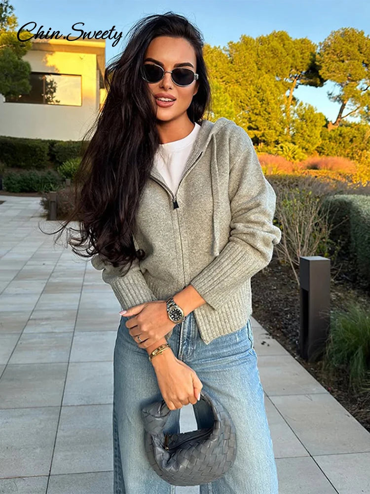 Hooded Cardigans Gray Long Sleeve Soft Zipper Ribbed Sweater Female Spring Simple Slim-fit Top New