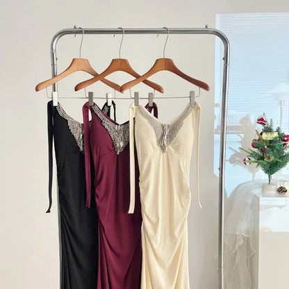 Sweet Hot Girl Diamond Halterneck Dress for Autumn Slim Fit Wrap Hip Mermaid Long Dress Female Clothes