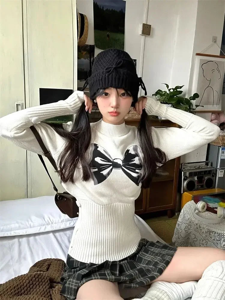 White Bow Graphic Sweater Half High Collar Kawaii Long Sleeve Knitwear Skinny Y2k Aesthetics Autumn Winter Clothes