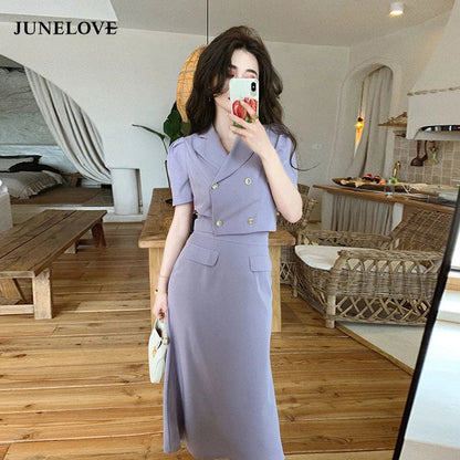 Summer Blouse Suits Purple Korean Short Sleeve Shirts +hight Waist Skirts 2 Pieces Set