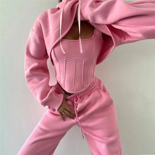 Lace Up Pants Sets Slim Splice Tank Tops Woman Long Sleeve Short Hoodies and Pant Suits Outfits Winter
