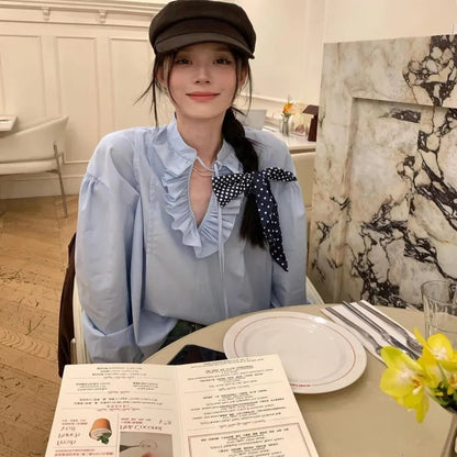 Shirts Ruffles Bandage Long Sleeve Spring New French Style Loose Blouse Tops