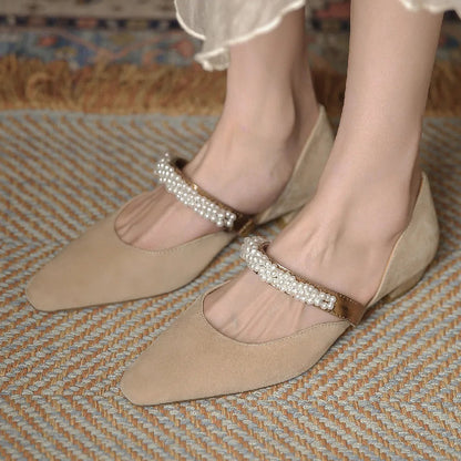 Mary Jane Flats Natural Suede Leather Beading Band Pointed Toe Slipon Female Footwear Summer Daily Shoes