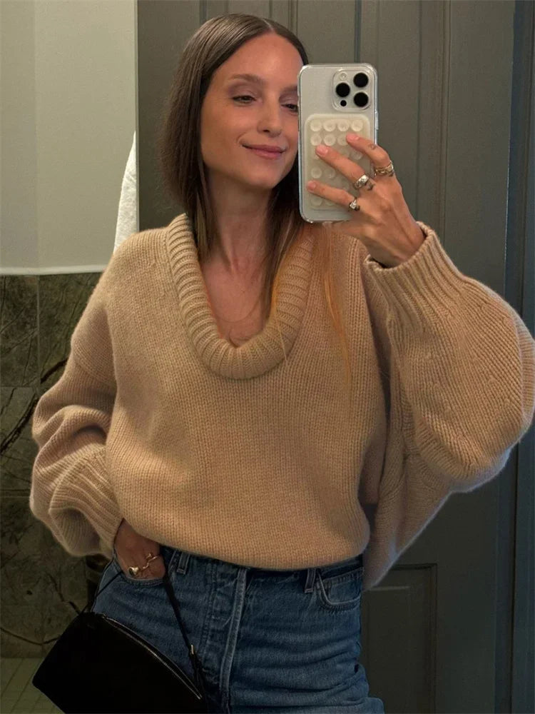Autumn Knit Sweater Pullover Loose Female Patchwork Scoop Neck Striped Long Sleeve Knitwear Y2k Top Pullover