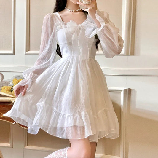 French Sweet Fairy Lolita Dress Long Sleeve Lace Mini Dress Kawaii Clothes One Piece Dress Korean Autumn