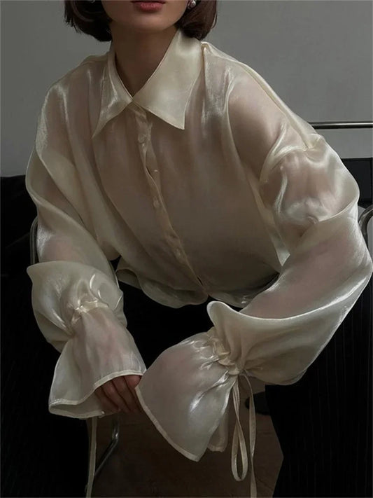 Loose See-through Shirts Coat Female Lapel Long Sleeve Lace-up Summer Outwear ’s Patchwork Blouse