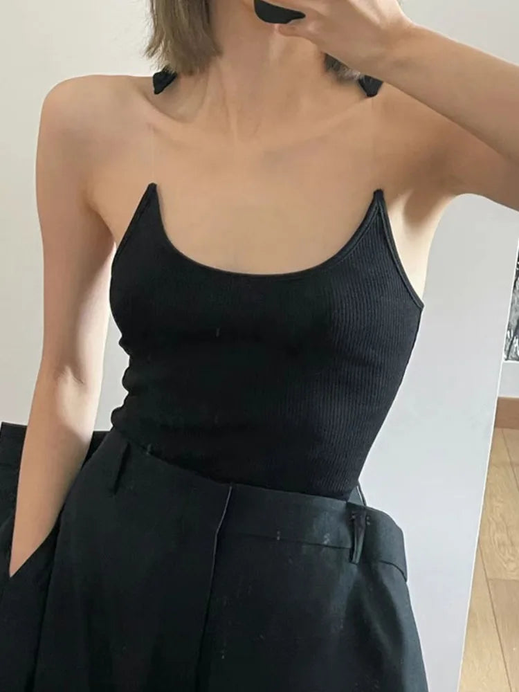 New Invisible Strap Tank Top for Knit Ribbed Sleeveless Basic T-shirt Cropped Corset Bustier Tops With Open Shoulder