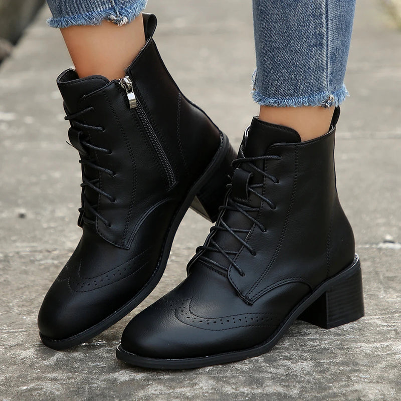 Square Head Splice Lace Up Versatile Autumn Winter Square Med Heel Ankle Boots Lace Up Zipper Pumps Leather Shoes
