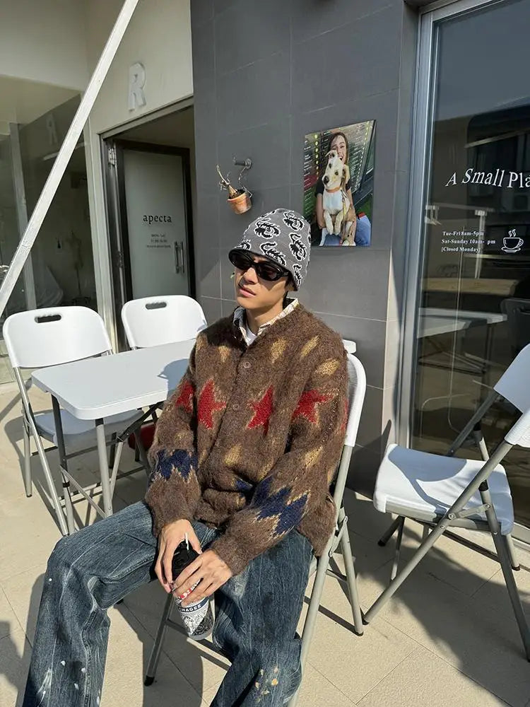 American Retro Christmas Star Knitted Cardigan for and Round Neck Couple Sweater Soft Plush Coat Sweaters Top