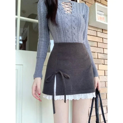 Contrast Color Patchwork Aline Skirt Spring New High Waist Lace Up Bow Slim Mini Skirt