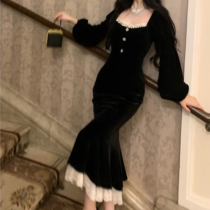 Black Velvet Midi Dresses for Square Collar Slim Bodycon Ruffles Patchwork Fishtail Autumn New Evening Party Dress