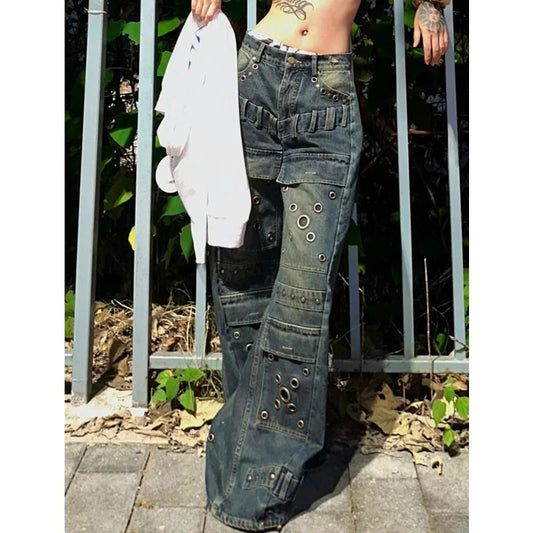 Blue High Waist Jeans Color Contrast American Wide Leg Jean Female Trouser Baggy Denim Pants