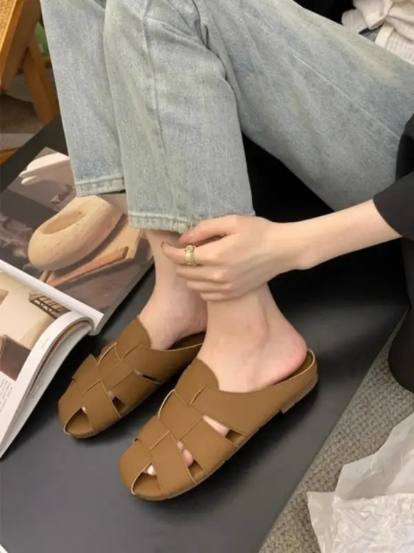 Shoes Slippers Soft Slides Slipers Cover Toe Low Loafers Fretwork Heels Comfort Flat Basic Fabric Rubber Cane Pu