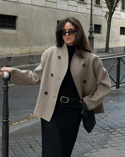 Wool Coats Loose Double Breasted Stand Collar Short Jacket Fall Winter Coat Female Commute Outerwear
