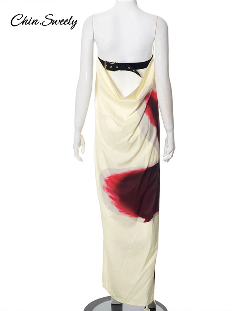 Printed Strapless Long Dresses Loose Off the Shoulder Sleeveless Beach Dress Summer Lady Vacation Robes