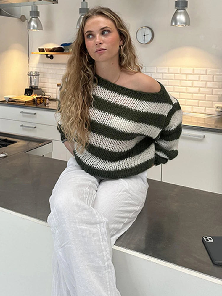 Stripe Loose Lazy Knitting Sweater Female Versatile Long Sleeves Pullover Sweater Autumn Winter Outwear Top