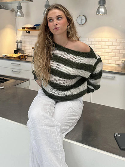 Stripe Loose Lazy Knitting Sweater Female Versatile Long Sleeves Pullover Sweater Autumn Winter Outwear Top