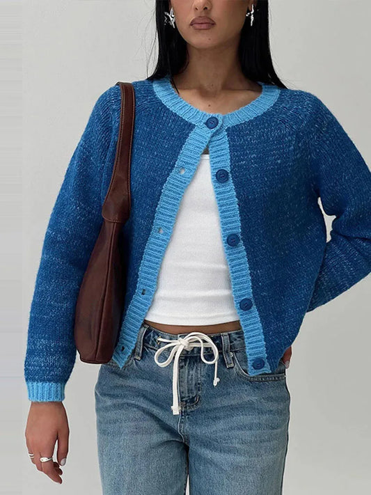 Knitted Single-breasted Cardigan Loose Contrast Color O-neck Pullover Sweaters Female Autumn Street Tops