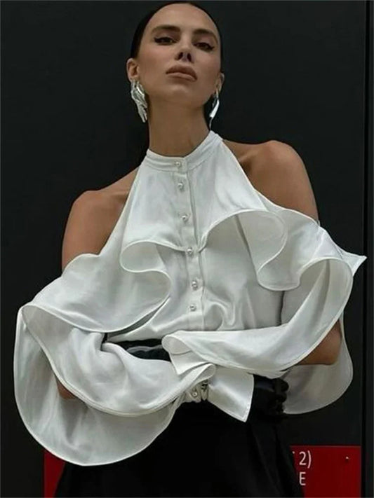 White Ruffled Shirts Top for Patchwork Off-shoulder High Waist Female Summer Blouse