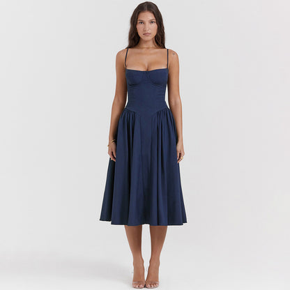 Spaghetti Strap Sleeveless A-line Midi Dress for Summer New Backless Pleated Slipdress Loose Dress