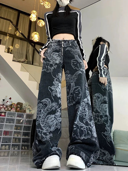 Chinese Style Jeans Y2k Baggy Dragon Print High Waist Zip Wide Leg Denim Pants Hip Hop Causal Kpop Bottoms