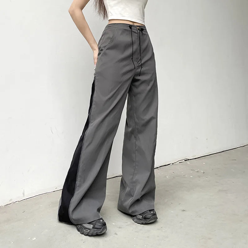 Split Zipper Drawstring Contrast Pants Harajuku Wide Legs Streetpants Autumn High Waist Straight Pants