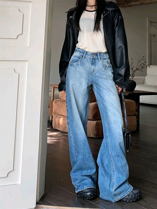 Woman Jeans Preppy Style Denim Korean Pants Trousers Pockets Sweatpants Zipper Cargo Pants Wide Leg Bell Bottoms