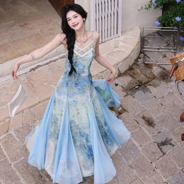 Blue Sfumato Print Dress ’s Commuting Splicing Evening Suspender Long Dresses Mesh Splicing Summer New Style