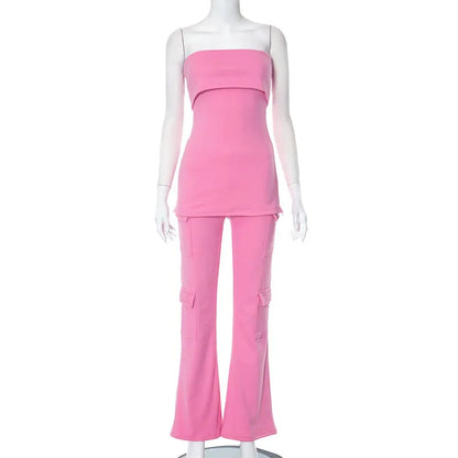 Velvet Street Two Piece Pant Set Strapless Crop Top Pocket Flare Pant Female 2 Piece Outfit New in Matching Set