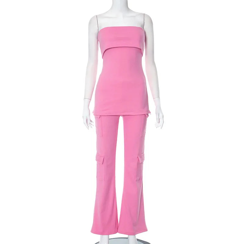 Velvet Street Two Piece Pant Set Strapless Crop Top Pocket Flare Pant Female 2 Piece Outfit New in Matching Set
