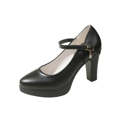 Ankle Strap Thick Heels Pumps for Pu Leather Office High Heeled Shoes Woman's Platform Mary Jane Shoes
