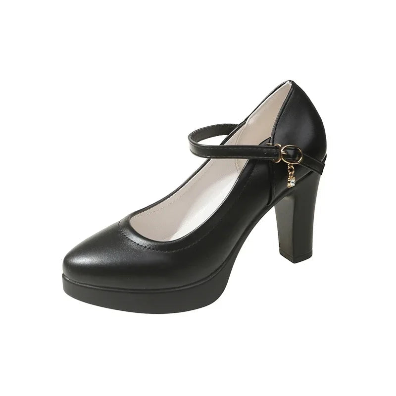 Ankle Strap Thick Heels Pumps for Pu Leather Office High Heeled Shoes Woman's Platform Mary Jane Shoes
