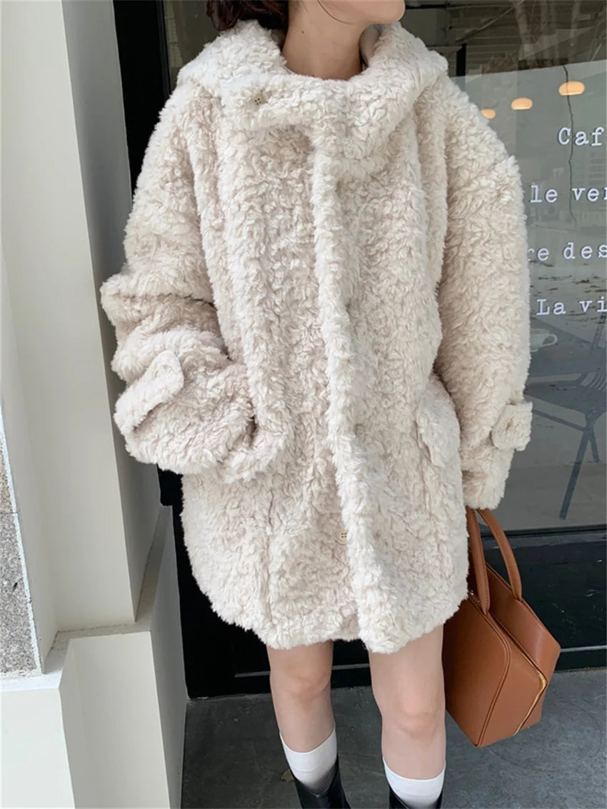 Winter Loose Lamb Wool Coats Gentle Thicken Office Lady All Match Hooded Warm Daily