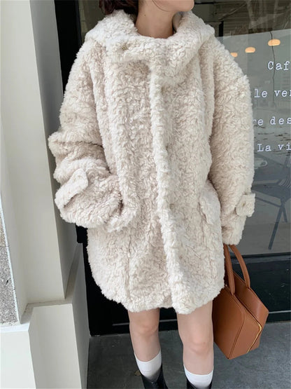 Winter Loose Lamb Wool Coats Gentle Thicken Office Lady All Match Hooded Warm Daily