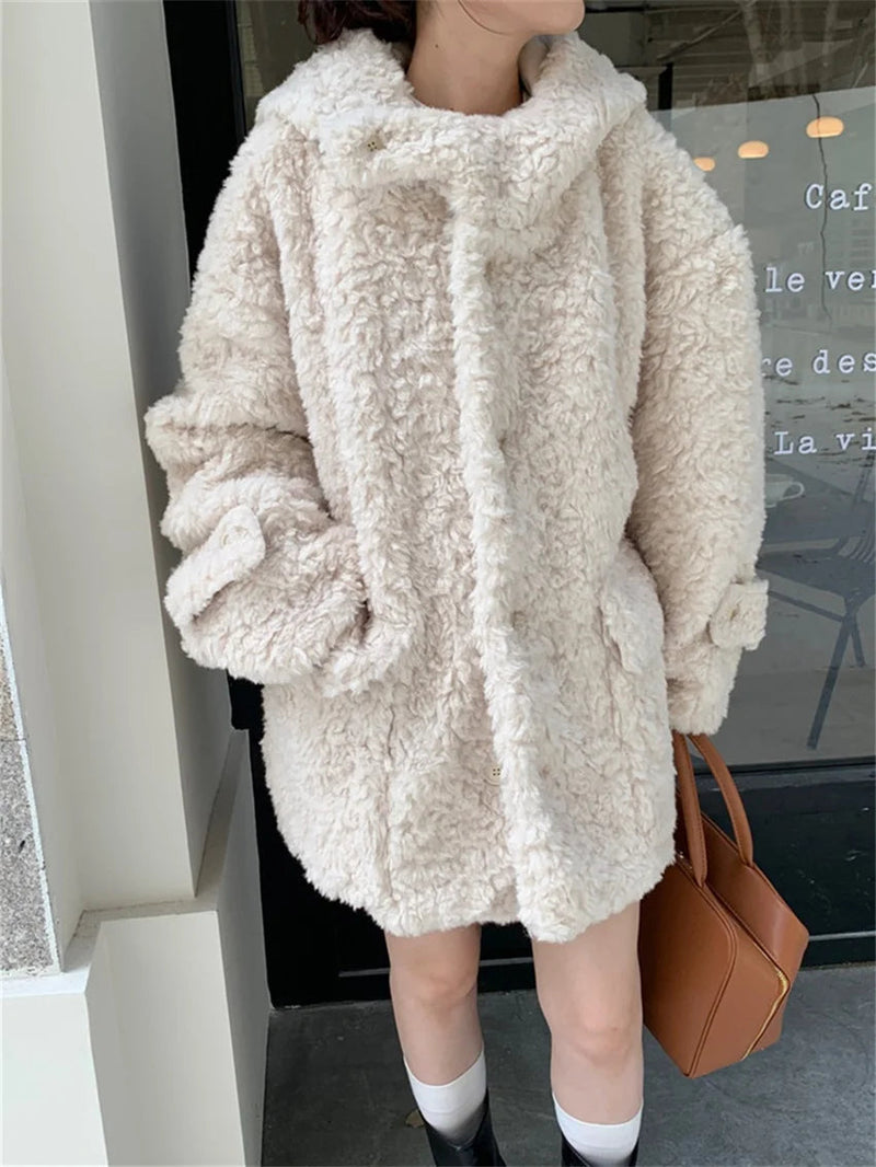 Winter Loose Lamb Wool Coats Gentle Thicken Office Lady All Match Hooded Warm Daily