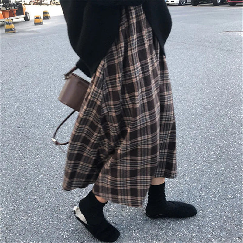 Japanese Rainbow High Waist Aline Wool Plaid Skirt Female Students Preppy Style Wild Midi Skirt Autumn Long Skirt