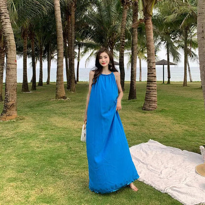 Summer Blue Round Neck Loose Pleated Bandage Long Dress New Club Sleeveless Vacation Dress Simplicity