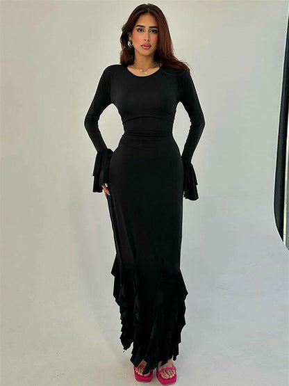 Bandage Ruffled Slim Maxi Dress ’s Patchwork Lace-up Bodycon Dress Female Autumn Long Dress