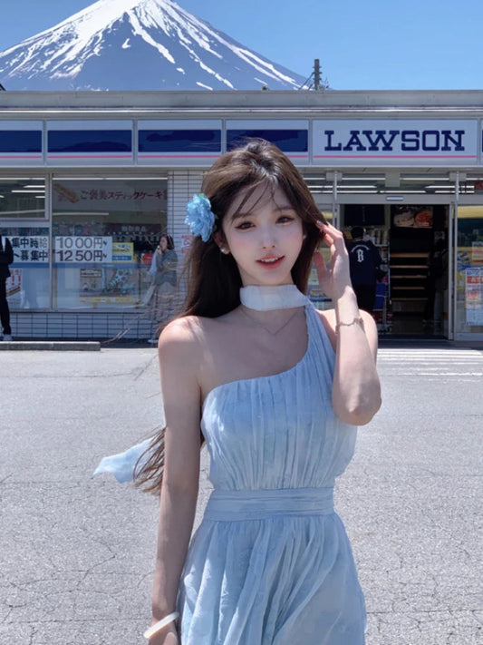 Sweet Blue Chiffon Dress Beach White Midi Dress Korean Evening Party Sleeveless Y2k Summer