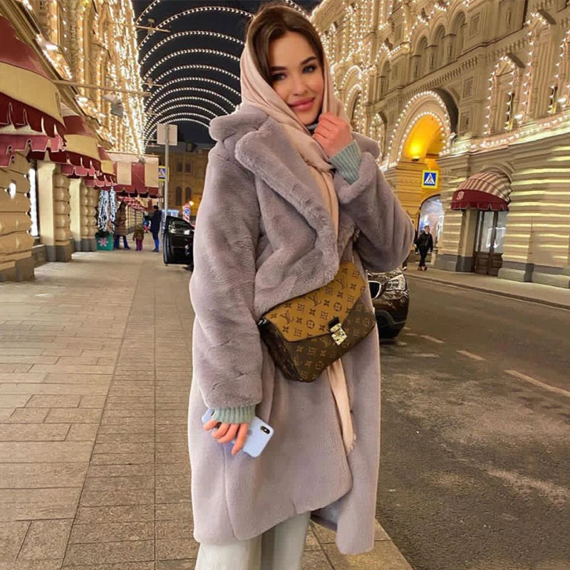 Winter Long Overcoats Oversized Lapel Belted Faux Rabbit Fur Coat Jacket Female Outerwear Plush Fur Coats