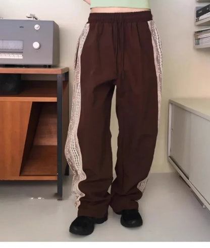 Summer New Loose Y2k Egirl High Waist Straight Trousers Lace Patchwork Nylon Wide Leg Pants 2000s