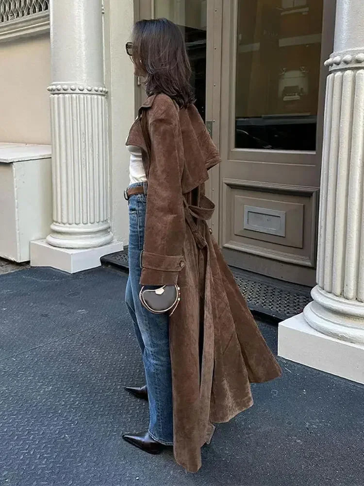 With Belt Suede Long Jacket Button Lapel Oversize Loose Overcoat Autumn Female High Street Coat