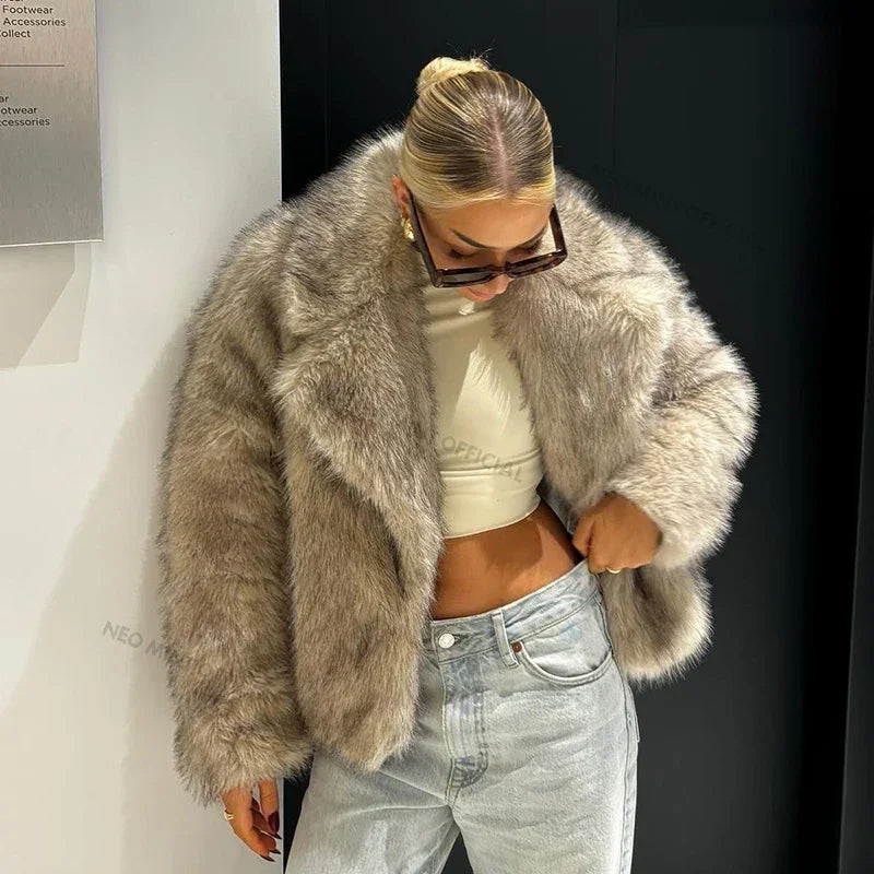 Street Gradient Faux Fur Jacket Winter Brand Fluffy Fox Fur Coat Female Outerwear