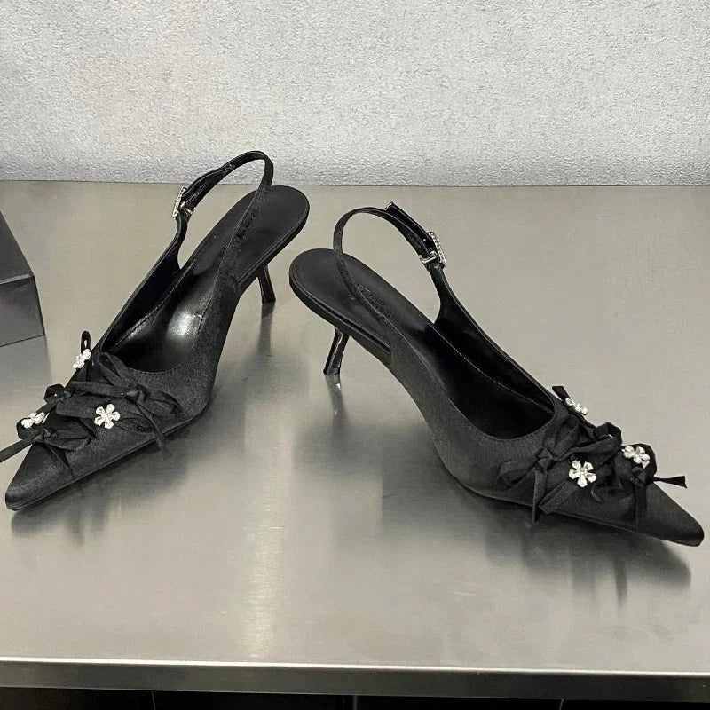 Designer Pointed Toe Thin High Heels Butterflyknot Slingback Sandals Female Party Dress Shoes Pumps