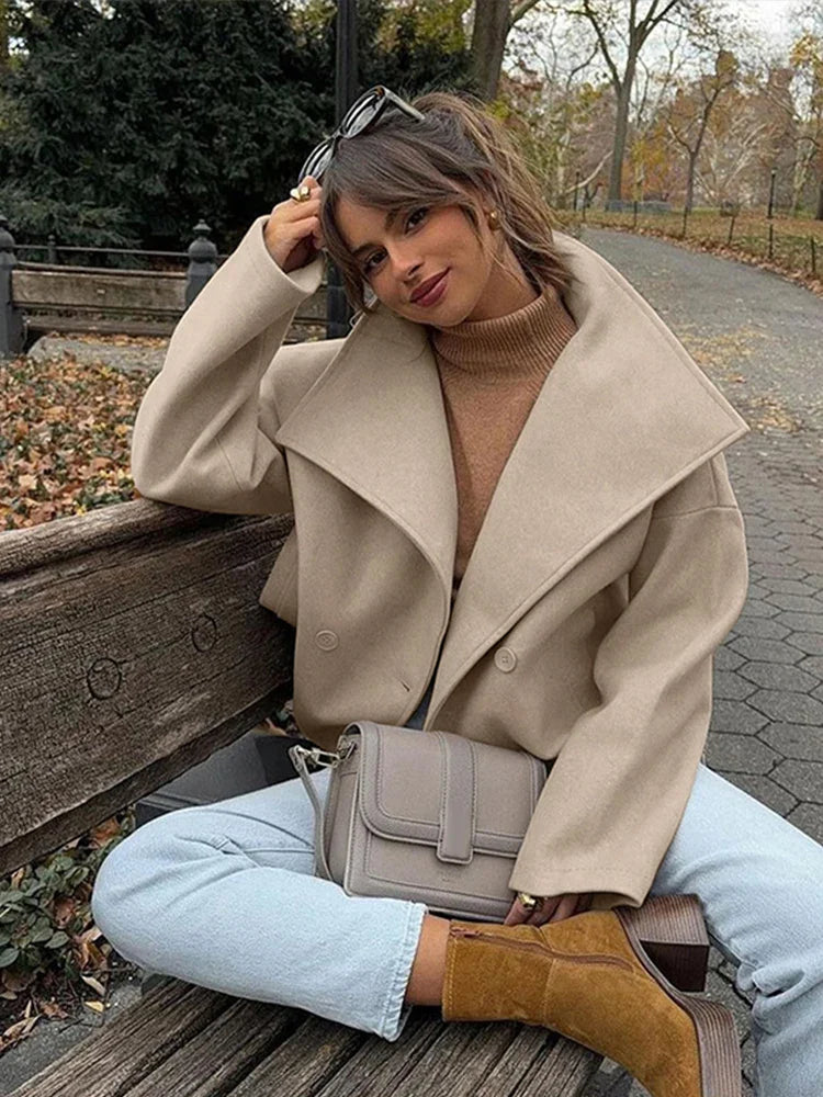 Tavimart - Large Lapel Collar Short Coats Retro Double-breasted Pocket Coat Female Autumn Loose Street Outwear