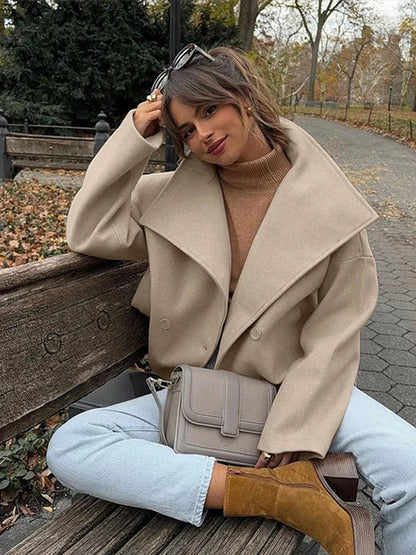 Tavimart - Large Lapel Collar Short Coats Retro Double-breasted Pocket Coat Female Autumn Loose Street Outwear