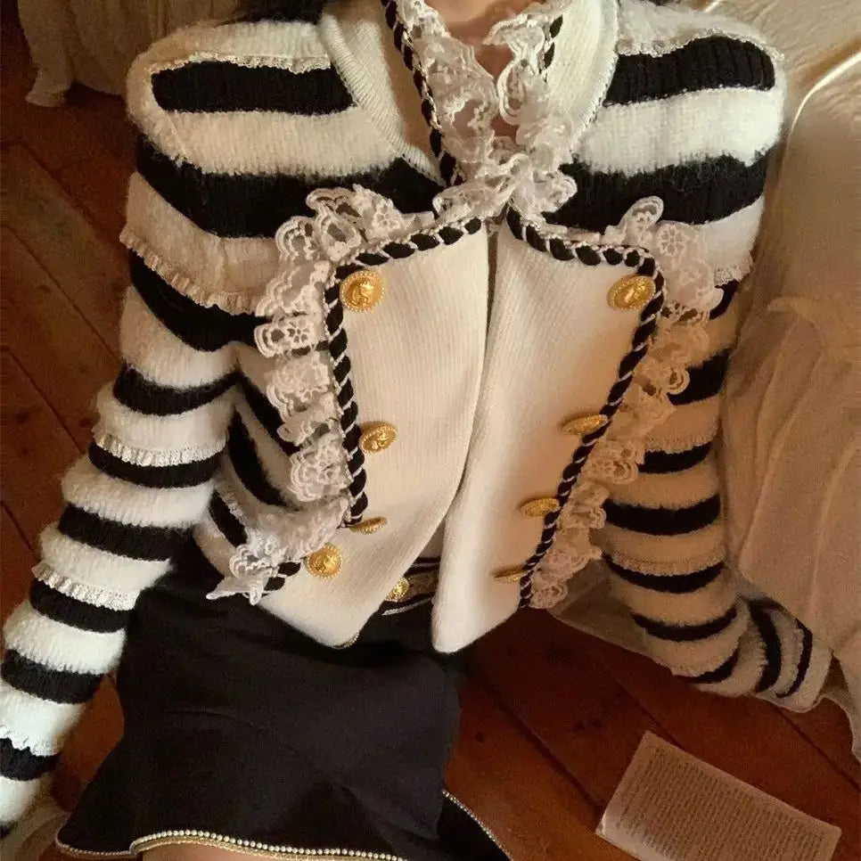 Skirt Twopiece Skirt Suit Knitted Sweater Winter Chaebol Style Heavy Industry Design Stripe New Highwaisted