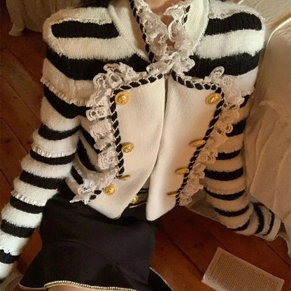 Skirt Twopiece Skirt Suit Knitted Sweater Winter Chaebol Style Heavy Industry Design Stripe New Highwaisted